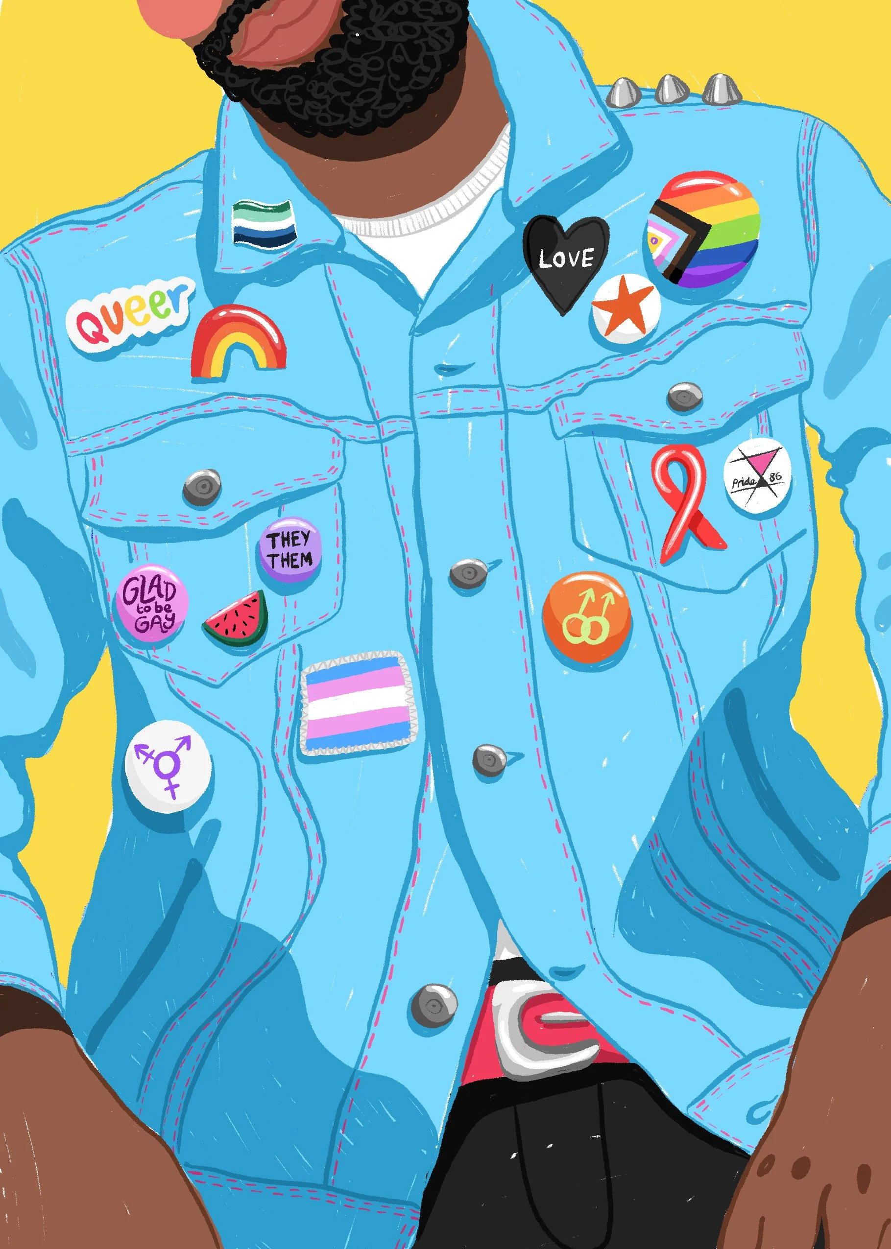 A person wearing a light blue denim jacket decorated with various LGBTQ+ and pride pins and patches, including a rainbow, a rainbow flag, and equality symbols.