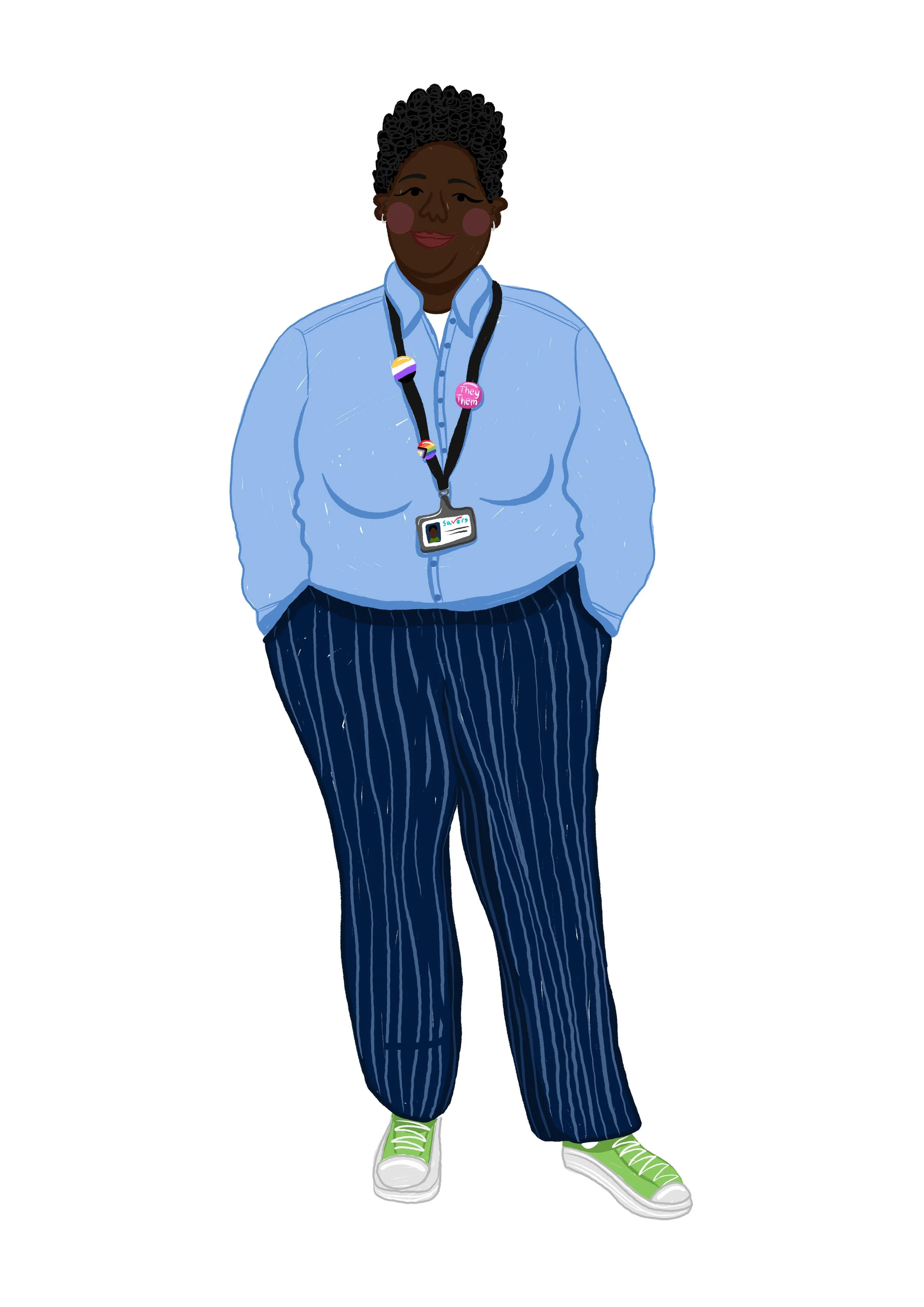 Illustration of a Black woman with curly hair, wearing a light blue button-up shirt, navy blue pinstripe pants, and green sneakers. She has a lanyard with a badge and buttons, including one that says 'They/Them', and is smiling with hands in her pock