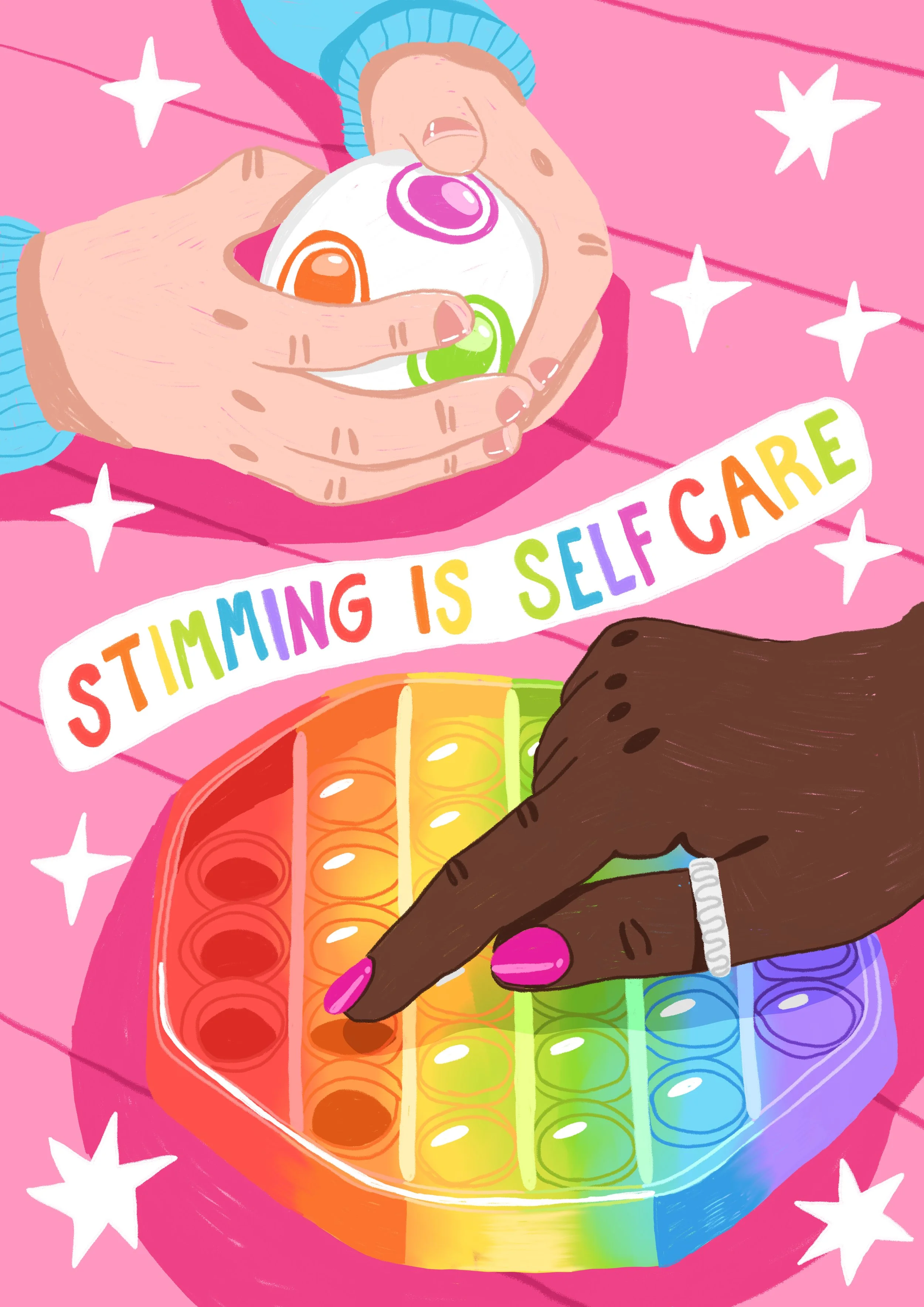 Colorful illustration of two hands playing a rainbow-colored self-care game with a sign reading 'Stimming is Self Care' on a pink background with white stars.