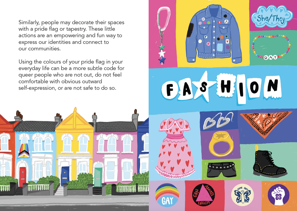 Colorful illustration of a row of Houses with Pride flags, alongside various fashion accessories including a denim jacket, jewelry, a dress with hearts, a bandana, shoes, and patches with LGBTQ+ symbols, promoting pride and self-expression.