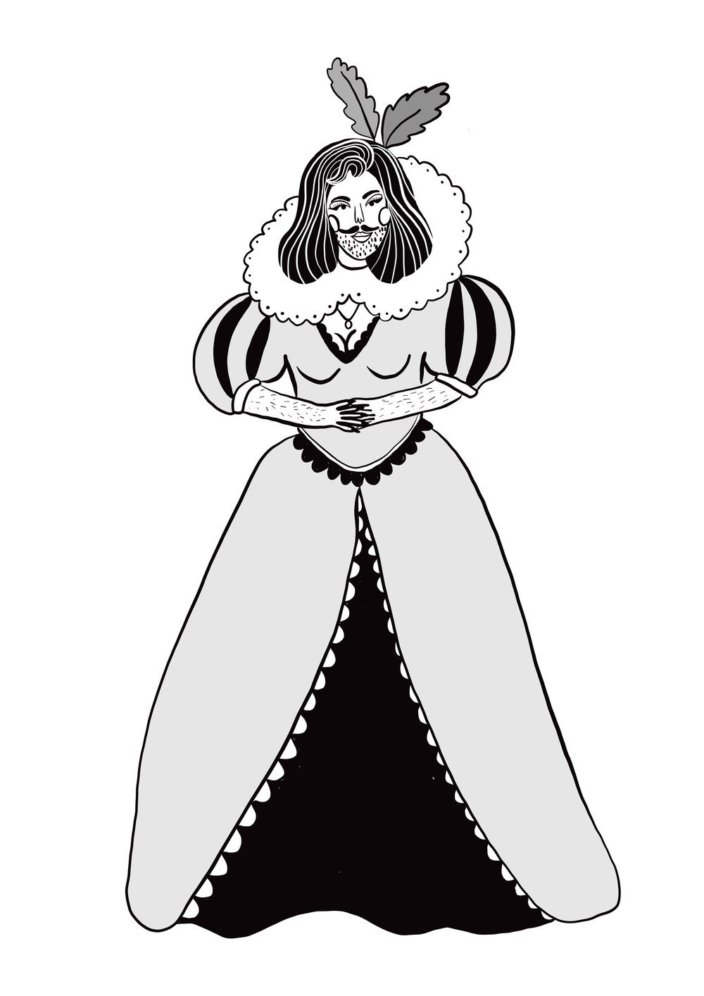 Drawing of a man with long hair, a mustache, and beard, dressed as a regal queen with a crown of leaves, puffy sleeves, and a long ornate gown.