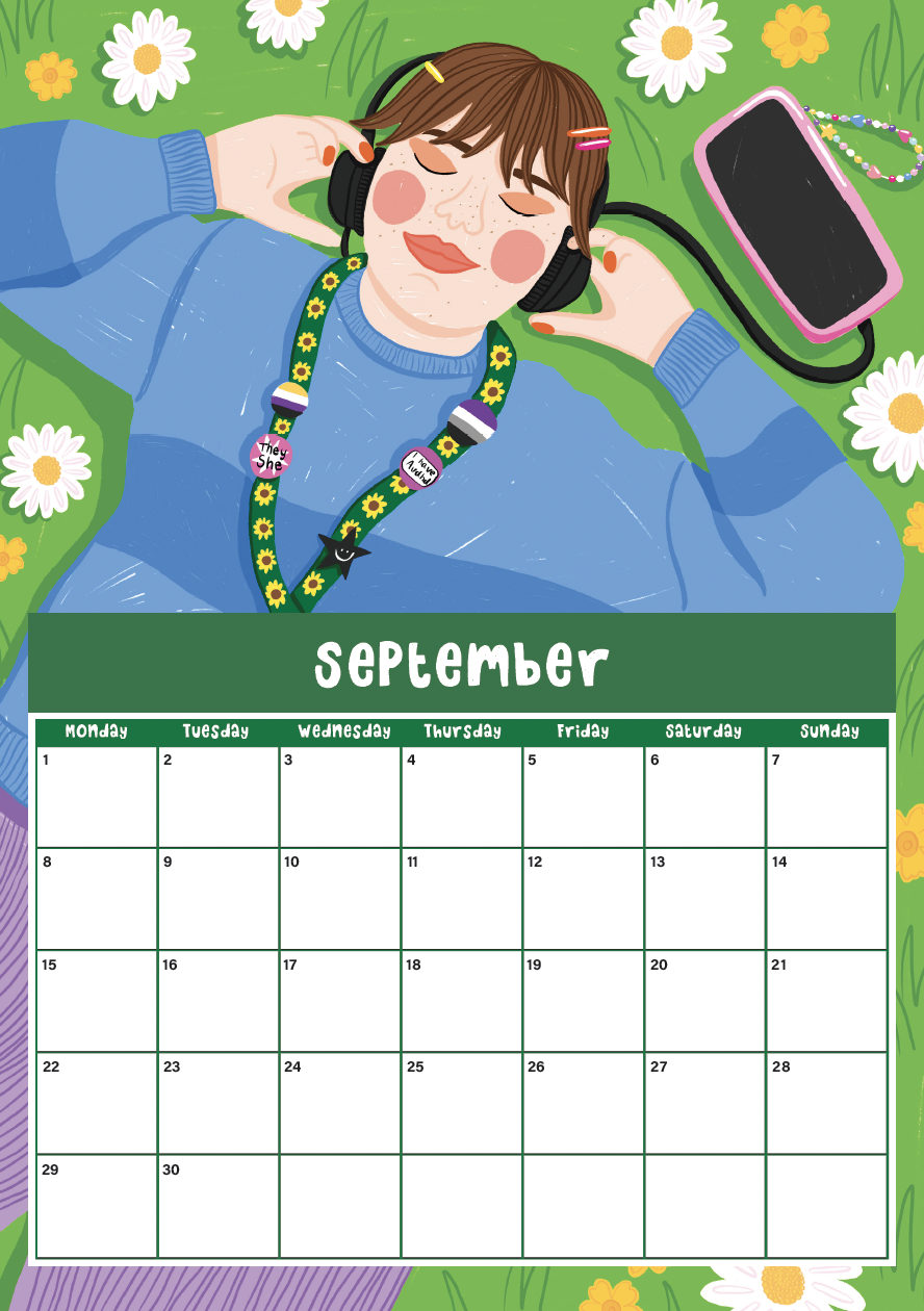A girl with brown hair lying on grass surrounded by white and yellow flowers, enjoying music with headphones, wearing a blue sweater and a decorated necklace. A pink smartphone with a beaded chain lies nearby.