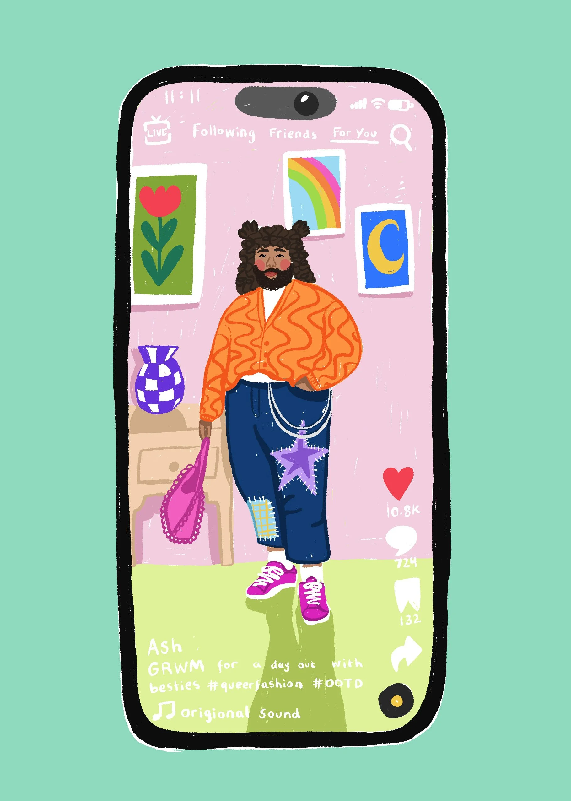 A digital illustration of a person with curly hair, beard, wearing an orange patterned jacket, baggy jeans with patches and a star hanging chain, pink sneakers, holding a pink bag, standing inside a framed phone screen that shows a social media post.