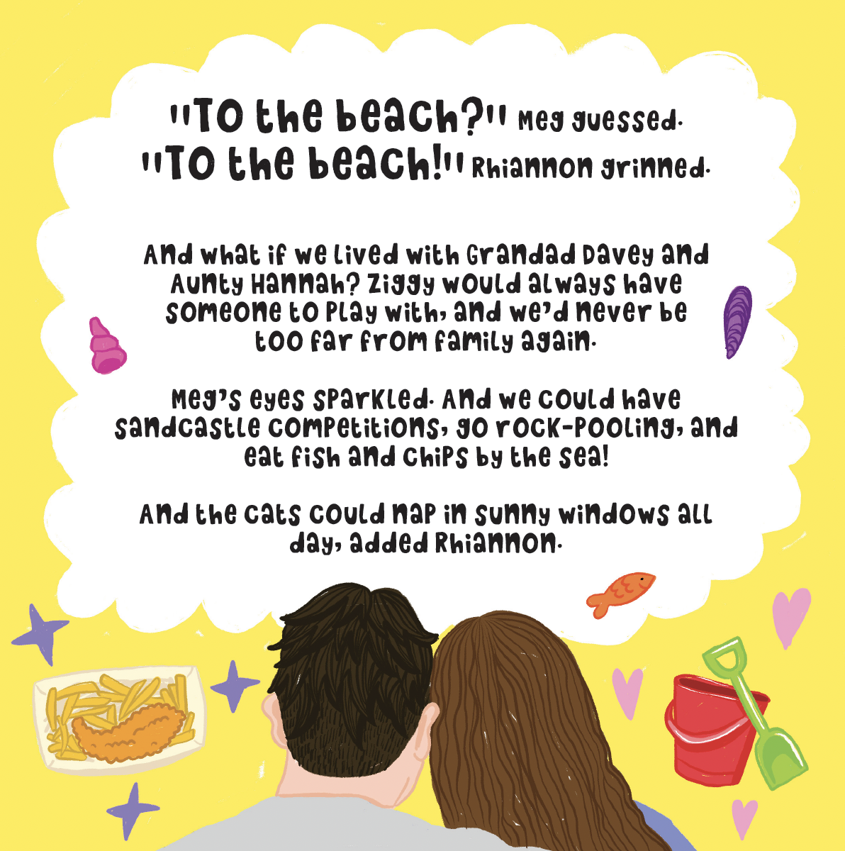 Decorative illustration with a yellow background featuring two children, a boy and a girl, looking at a speech bubble with a children's poem about the beach. The image includes small illustrations of a plate of French fries and fish, a red bucket wit