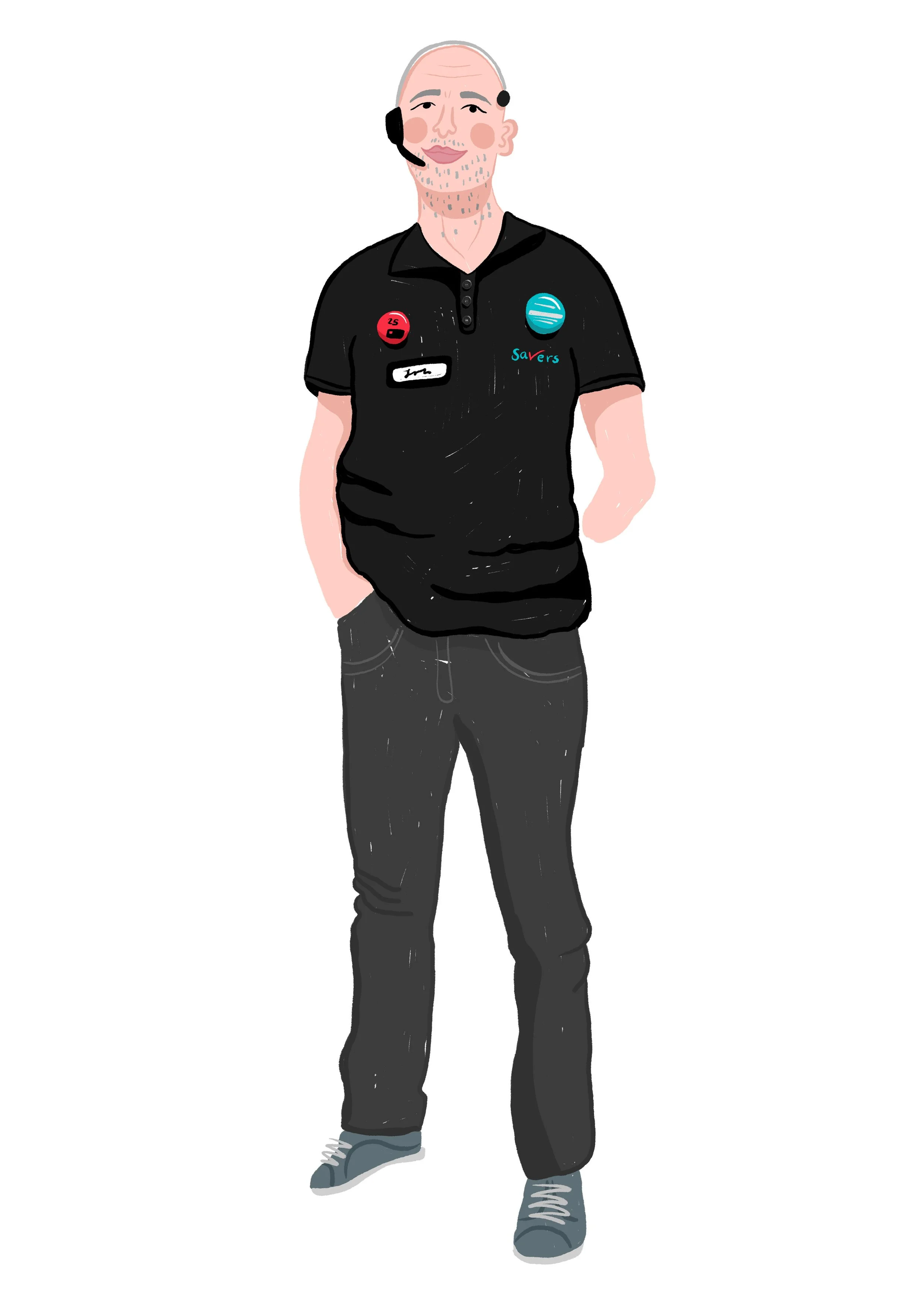 An illustration of a man with a headset standing with his hand in his pocket, wearing a black polo shirt with logos and text, dark jeans, and gray sneakers.