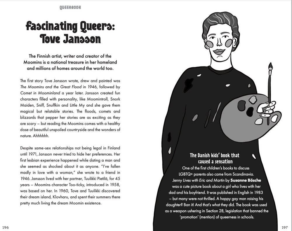 A black and white illustration of Tove Jansson holding a painter's palette and brush, with a short biography about her, her creation of the Moomins, her personal life, and her influence on children's LGBTQ+ literature. The text highlights her Finnish