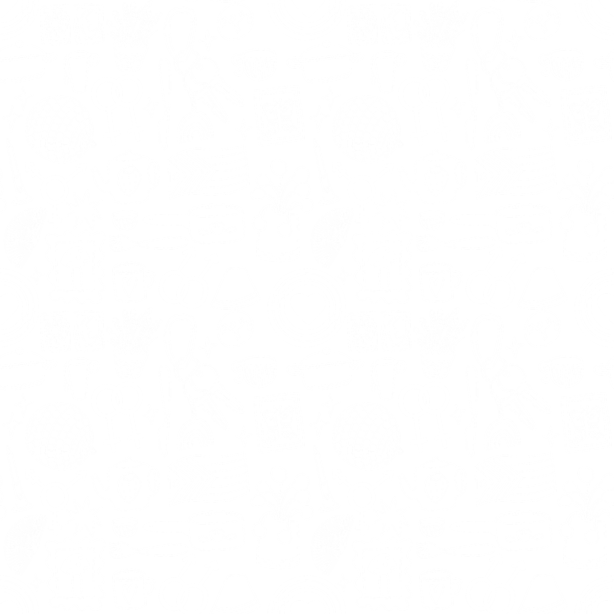 White chalk-style doodles on black background featuring plants, teapots, cups, forks, keys, hearts, rainbows, circles, stars, mushrooms, framed pictures, lamps, and various symbols.