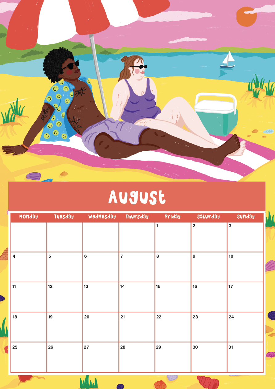 Illustration of two people relaxing on a beach, sitting on a striped beach towel under a large umbrella, with a lake, boat, and sunset in the background. The scene is colorful and tropical.