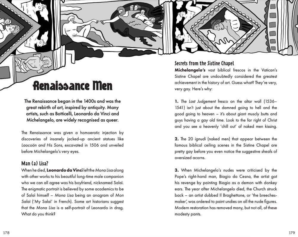 Page from a book discussing the Renaissance Men, featuring black and white illustrations of biblical scenes and paintings, with text about Michelangelo's frescoes in the Sistine Chapel and the figures depicted.