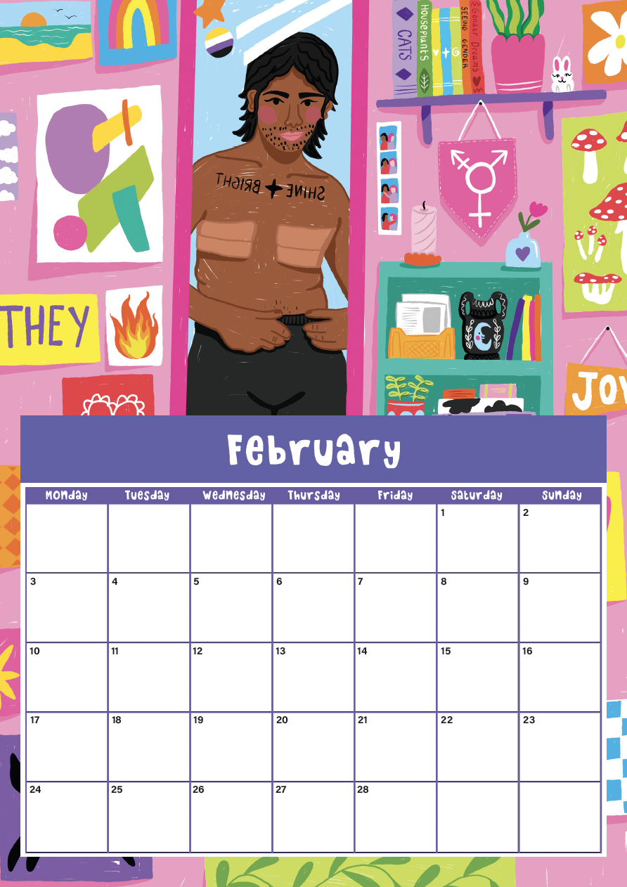 Colorful February calendar illustration featuring a person with dark hair, tattoos, and a shirtless upper body, standing in a room with pink walls decorated with books, plants, artwork, and quirky objects.