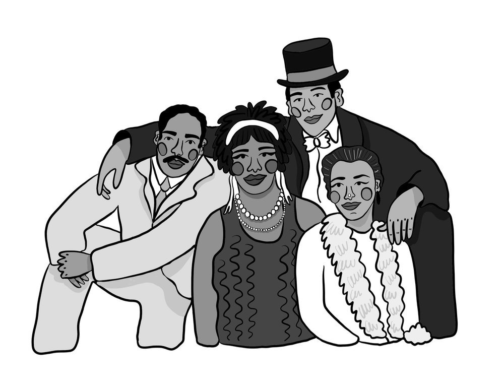 A black and white illustration of four people dressed in vintage or theatrical costumes, standing close together and smiling for a photo.