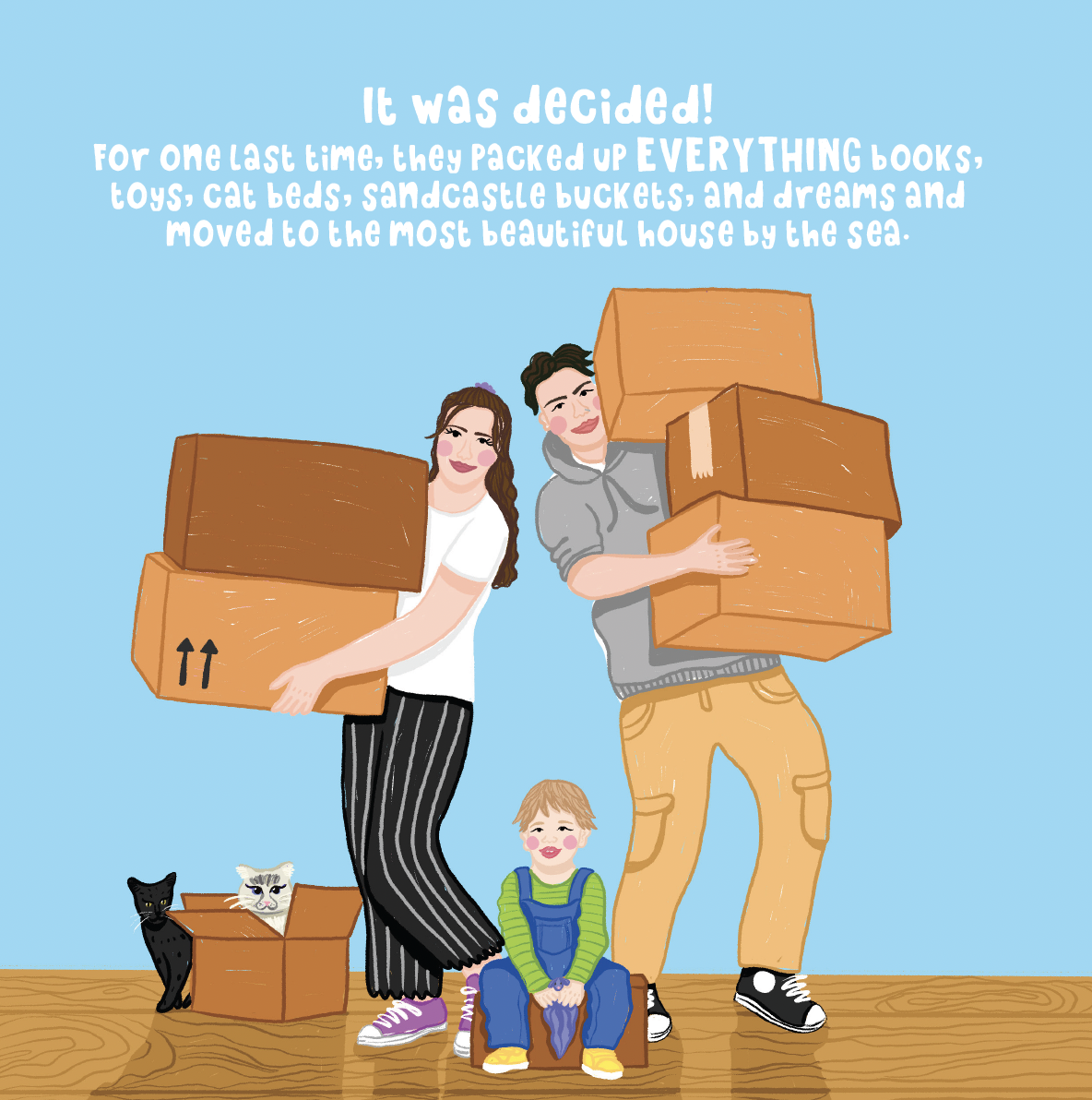 A family of three packed with boxes, with two cats in a box on a wooden floor, against a light blue background, celebrating moving to a new house by the sea.