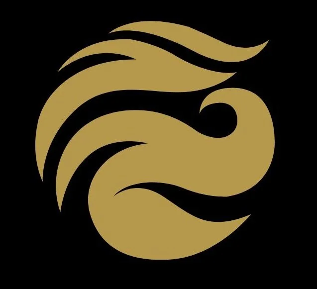 Logo stylisé représentant une tête de lion en doré sur fond noir.