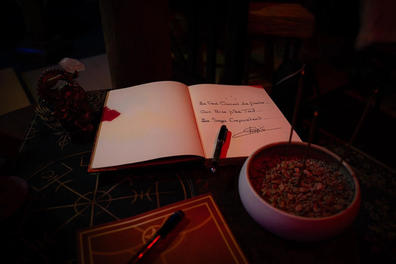 Un Cahier ouvert avec une note écrite à la main en français, un stylo posé dessus, une boule de cristal et un bol contenant une plante ou des herbes, ambiance sombre et rouge
