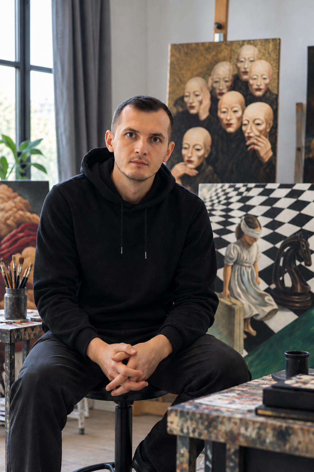 A young man with short brown hair and a black hoodie sitting in an art studio. Behind him are several paintings, including a large one with multiple faces and other artistic pieces, on easels and the studio walls.