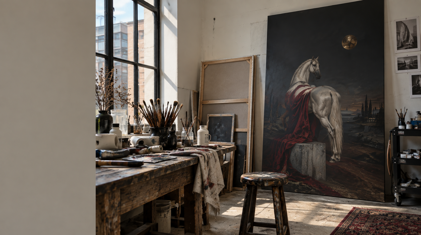 Art studio with a large window on the left, a worktable with brushes and art supplies, and a large detailed painting of a white horse with a red cape on the right wall.