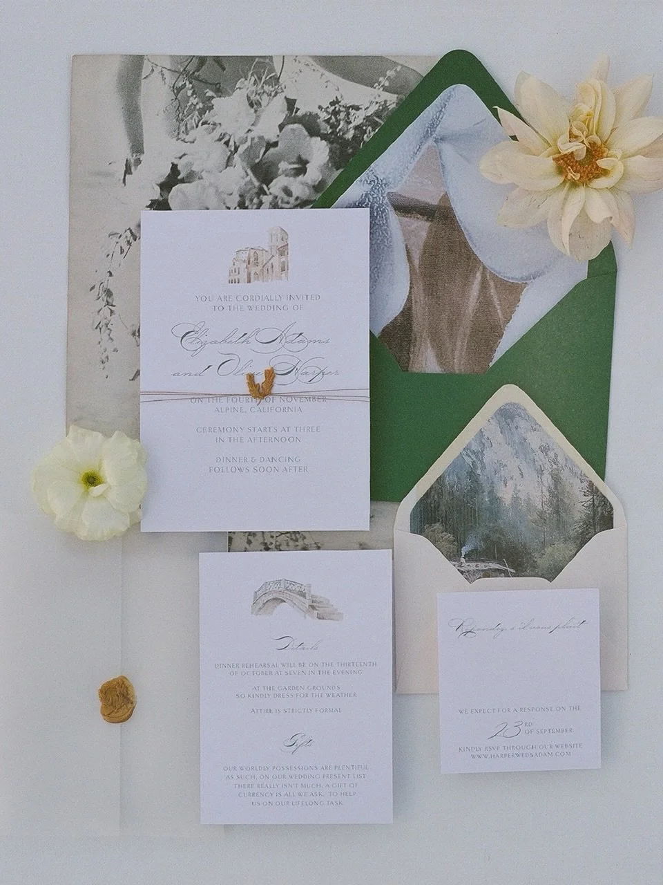 Not everything needs to live on one card.

Breaking information into separate inserts (details, RSVP, accommodations) actually makes your suite feel more elevated and easier to read. It also gives you room to play with calligraphy styles, paper textu