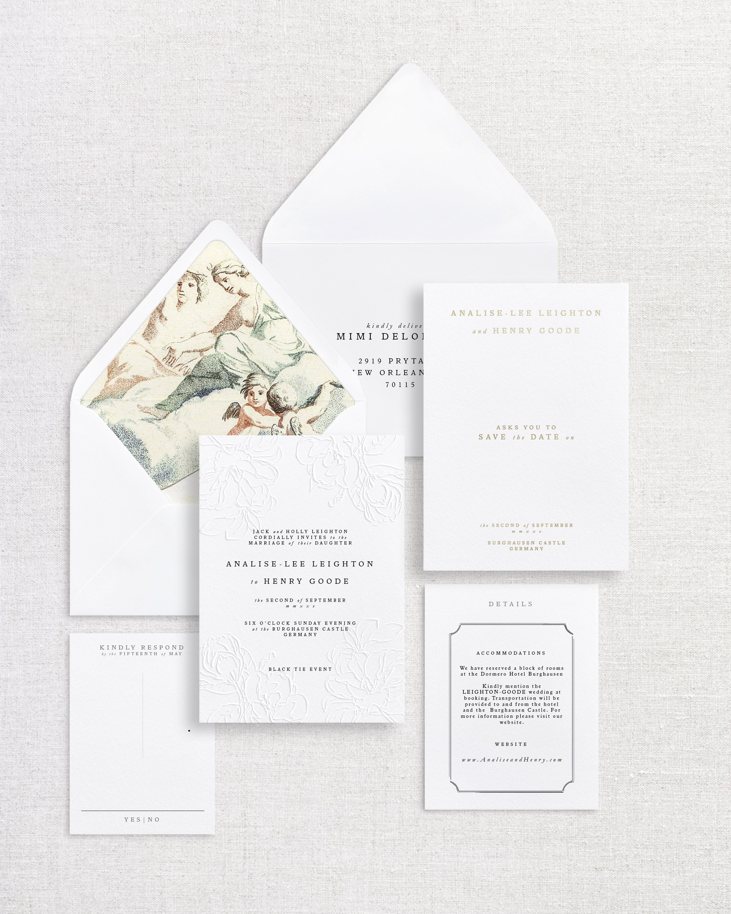 Wedding invitation suite including an invitation card, save the date card, RSVP card, details card, and an envelope with a vintage illustration inside.