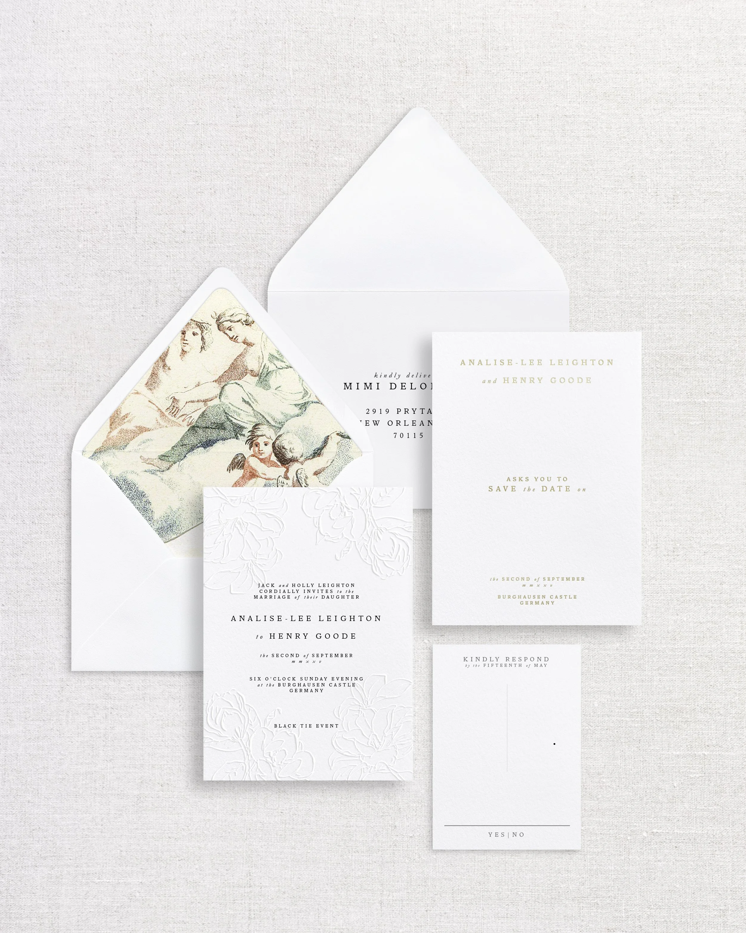 Wedding invitation stationery set including an envelope, invitation card, details card, RSVP card, and a save the date card, all in elegant white and gold with embossed floral design.