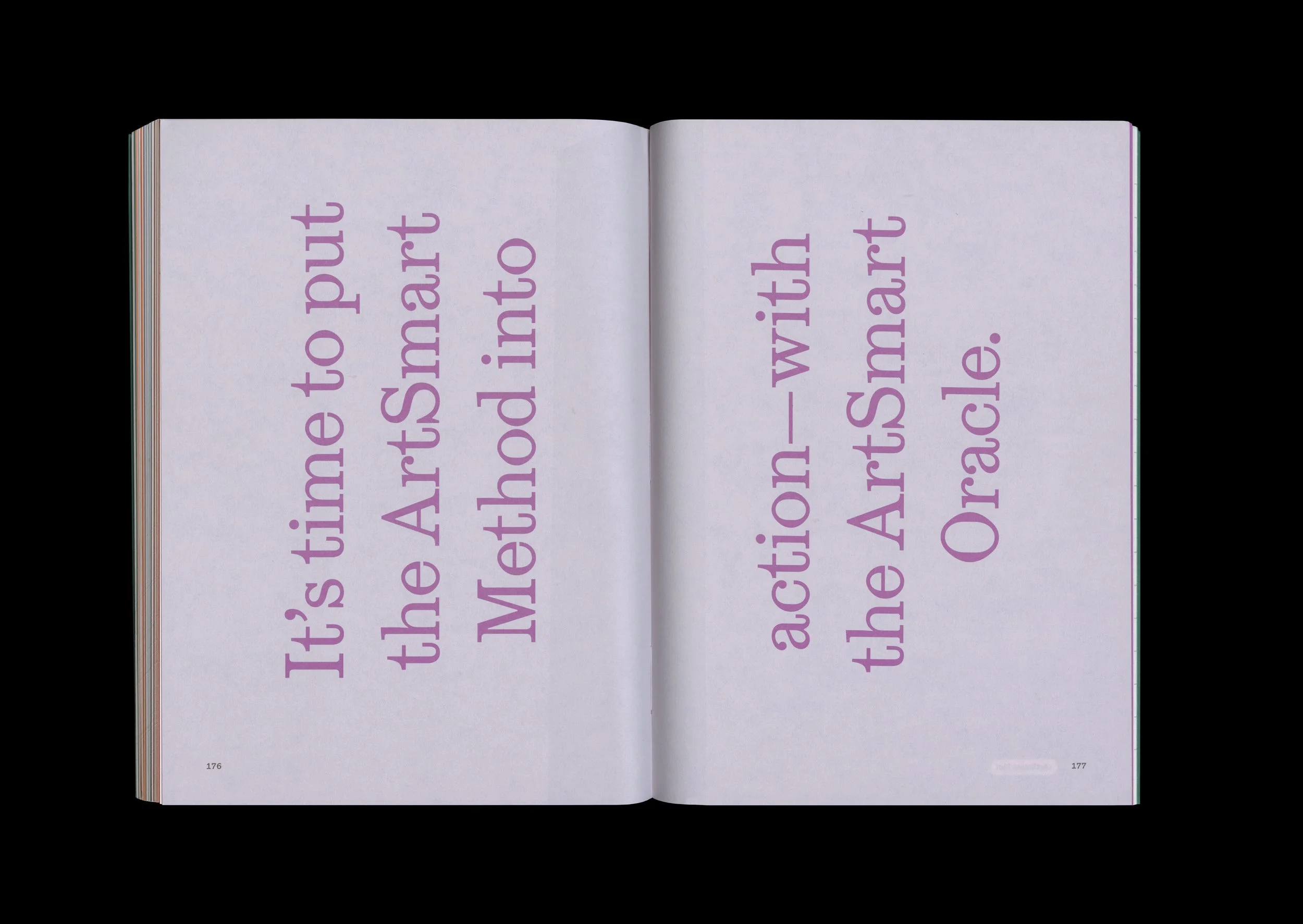 Open book with light purple text on pages that reads: "It's time to put the ArtSmart Math into action- - with the ArtSmart workbook or the ArtSmart puzzle."
