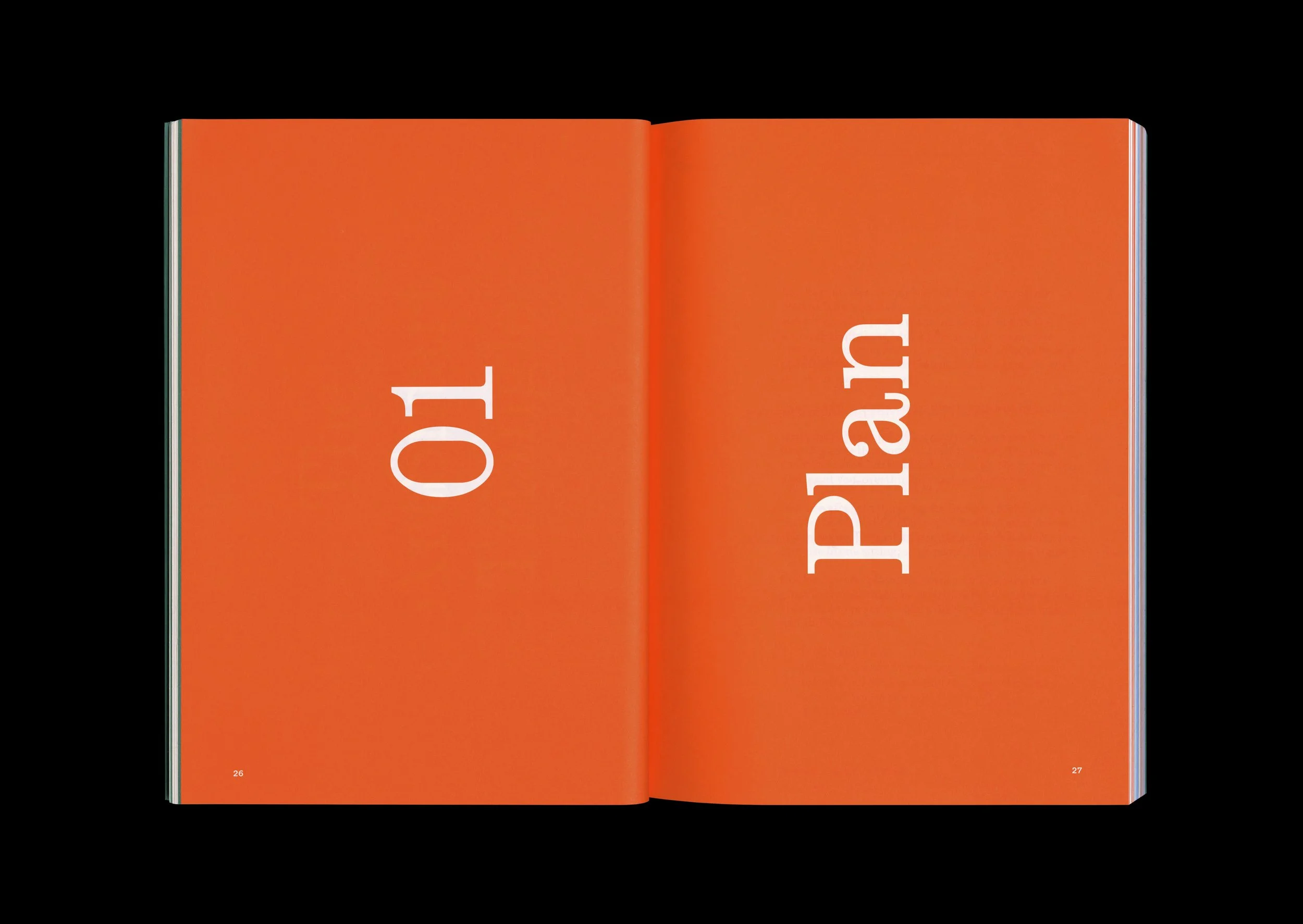 Open book showing bright orange pages with large white text, '01' on the left page and 'Part' on the right page