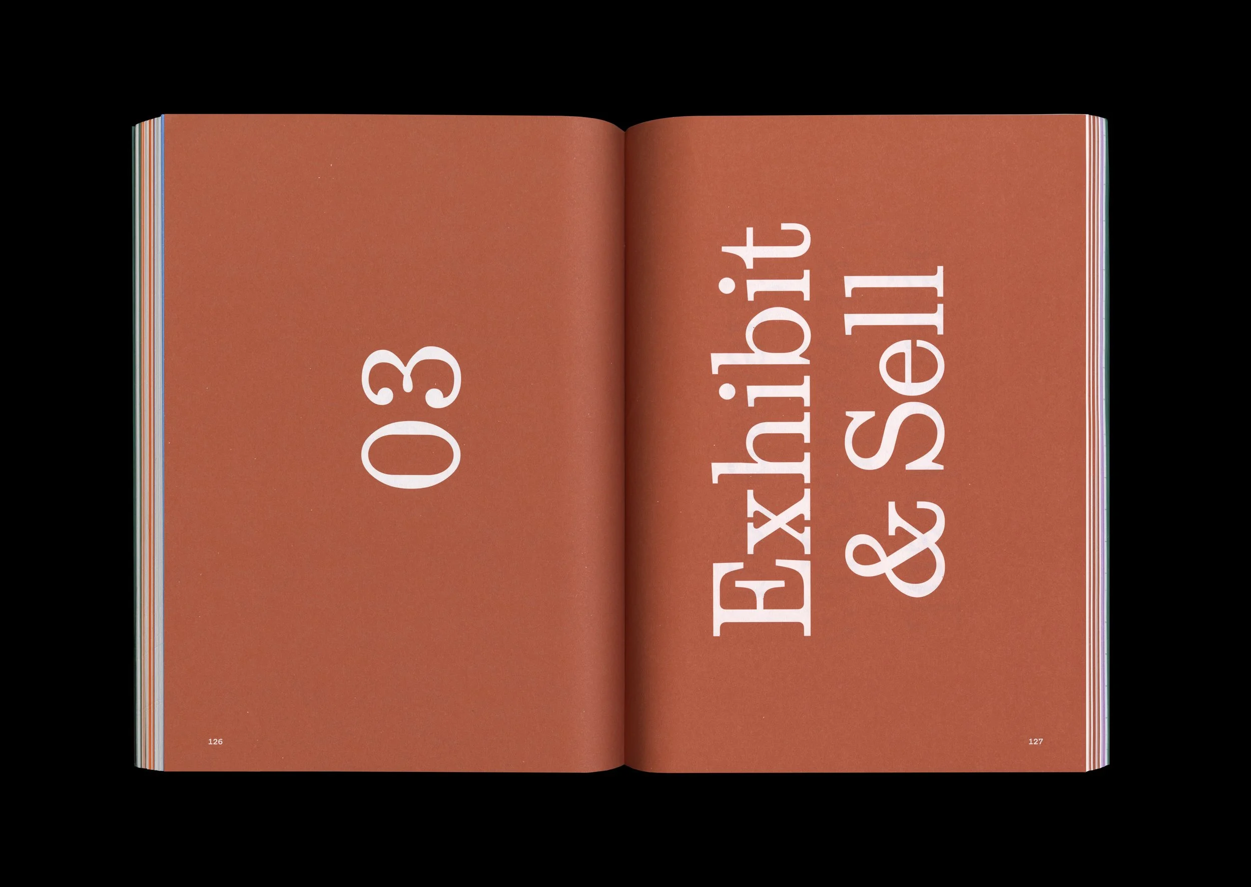 Open book showing pages 126 and 127; page 126 is plain, page 127 has large white text on a brown background reading "Exhibit & think it & see it".