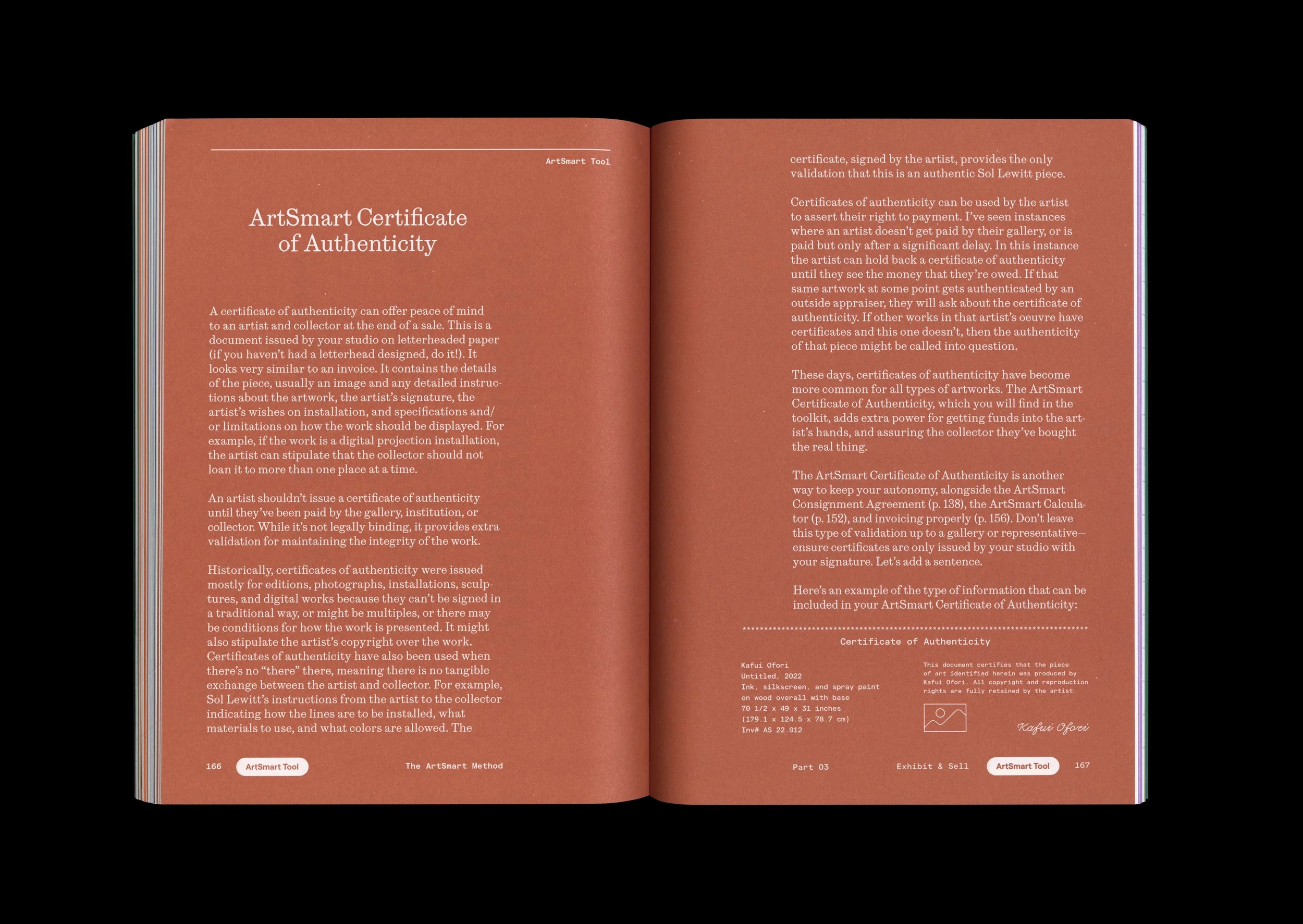 Open book with brown pages, titled 'ArtSmart Certificate of Authenticity' on left page, and detailed text about authenticity certificates on right page, with numerical and signature elements at the bottom.