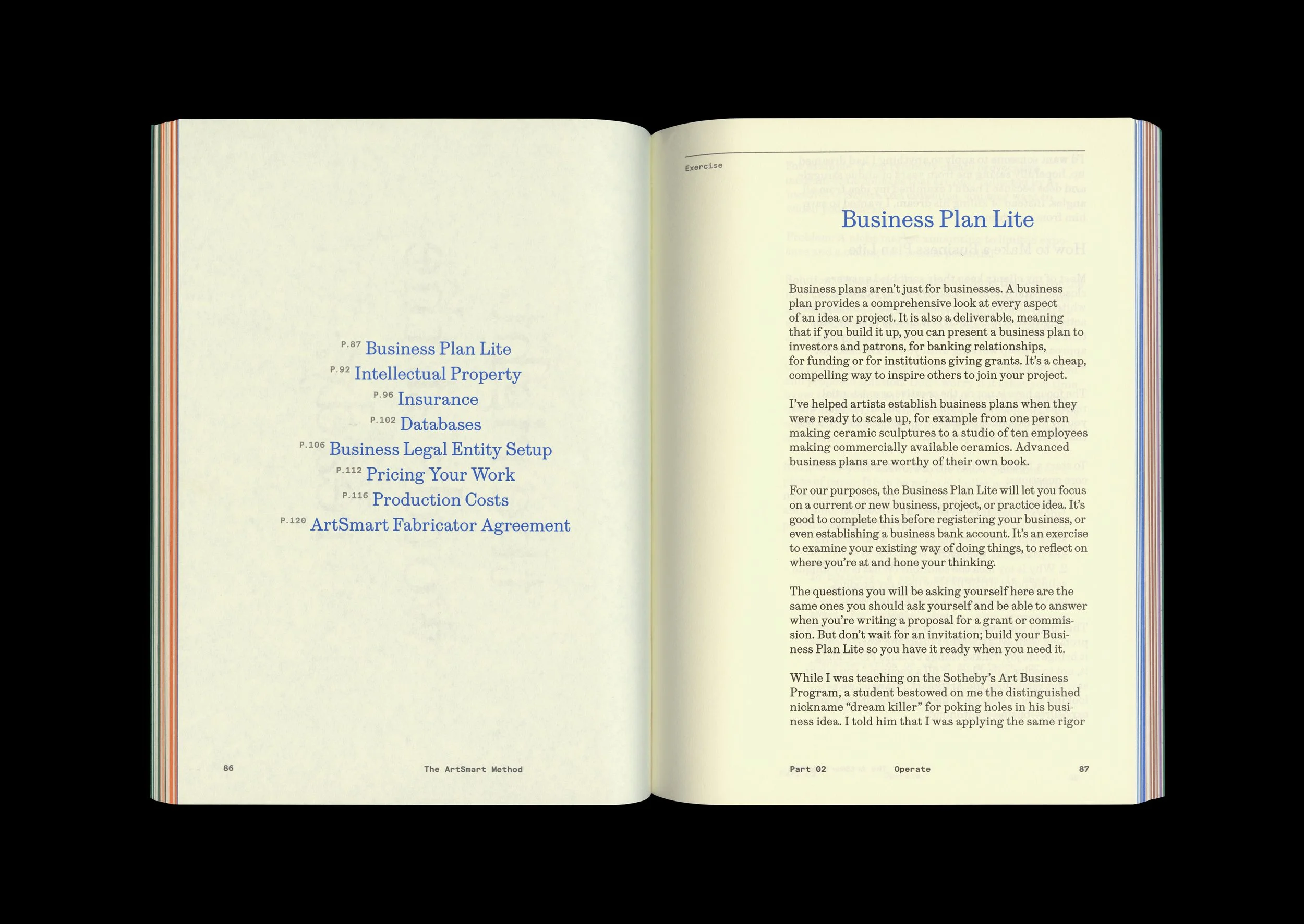 An open book displaying the table of contents on the left page, listing topics such as Business Plan Lite, Intellectual Property, Insurance, Databases, Business Legal Entity Setup, Pricing Your Work, Production Costs, and ArtSmart Fabricator Agreemen