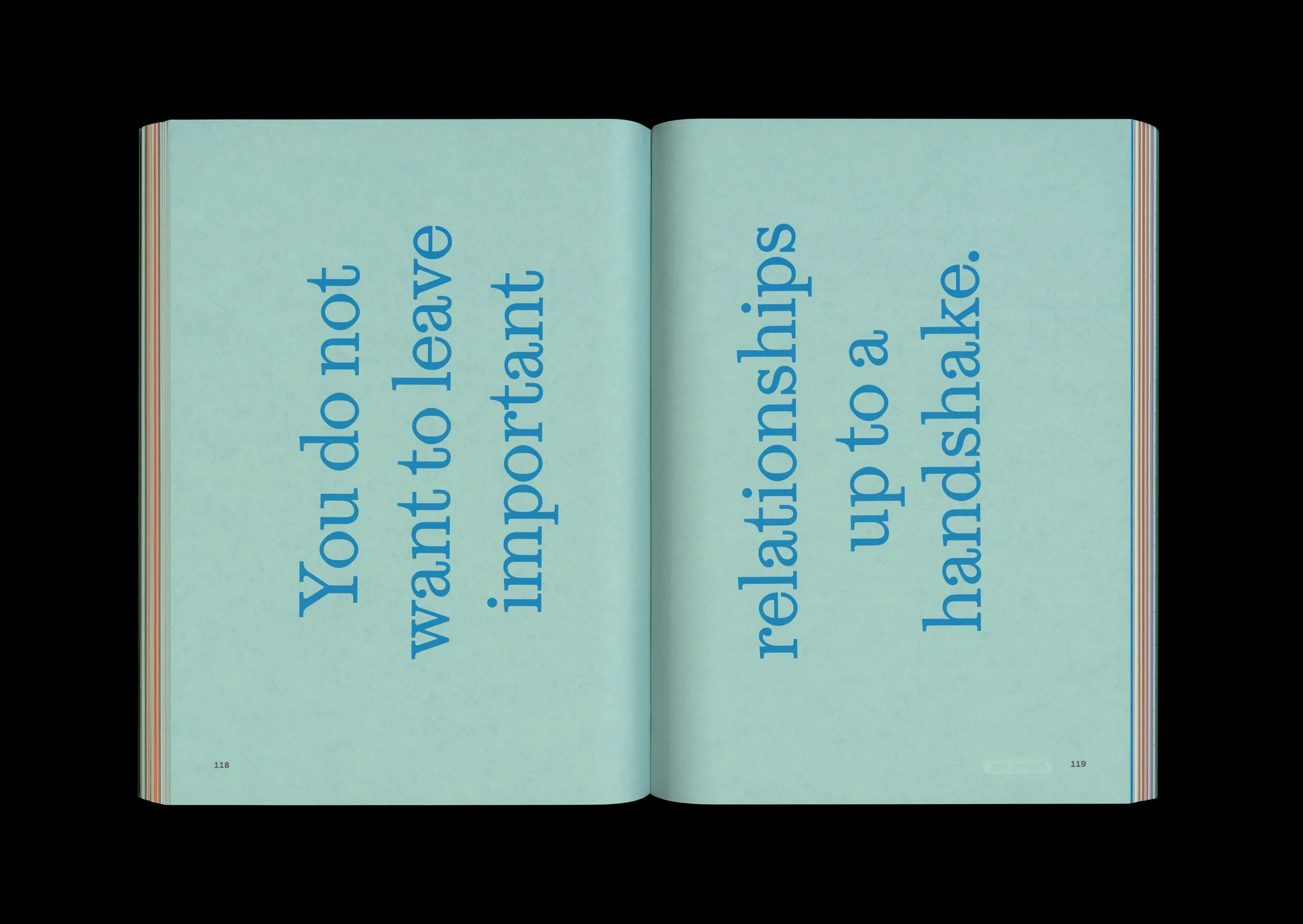 Open book with pages 118 and 119 showing text in blue font that reads, 'You do not want to leave impression to paint up to a handshake.'