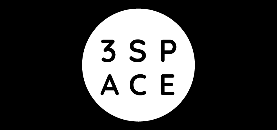 Black background with a white circle containing the words "3 SP ACE" arranged in a grid format.