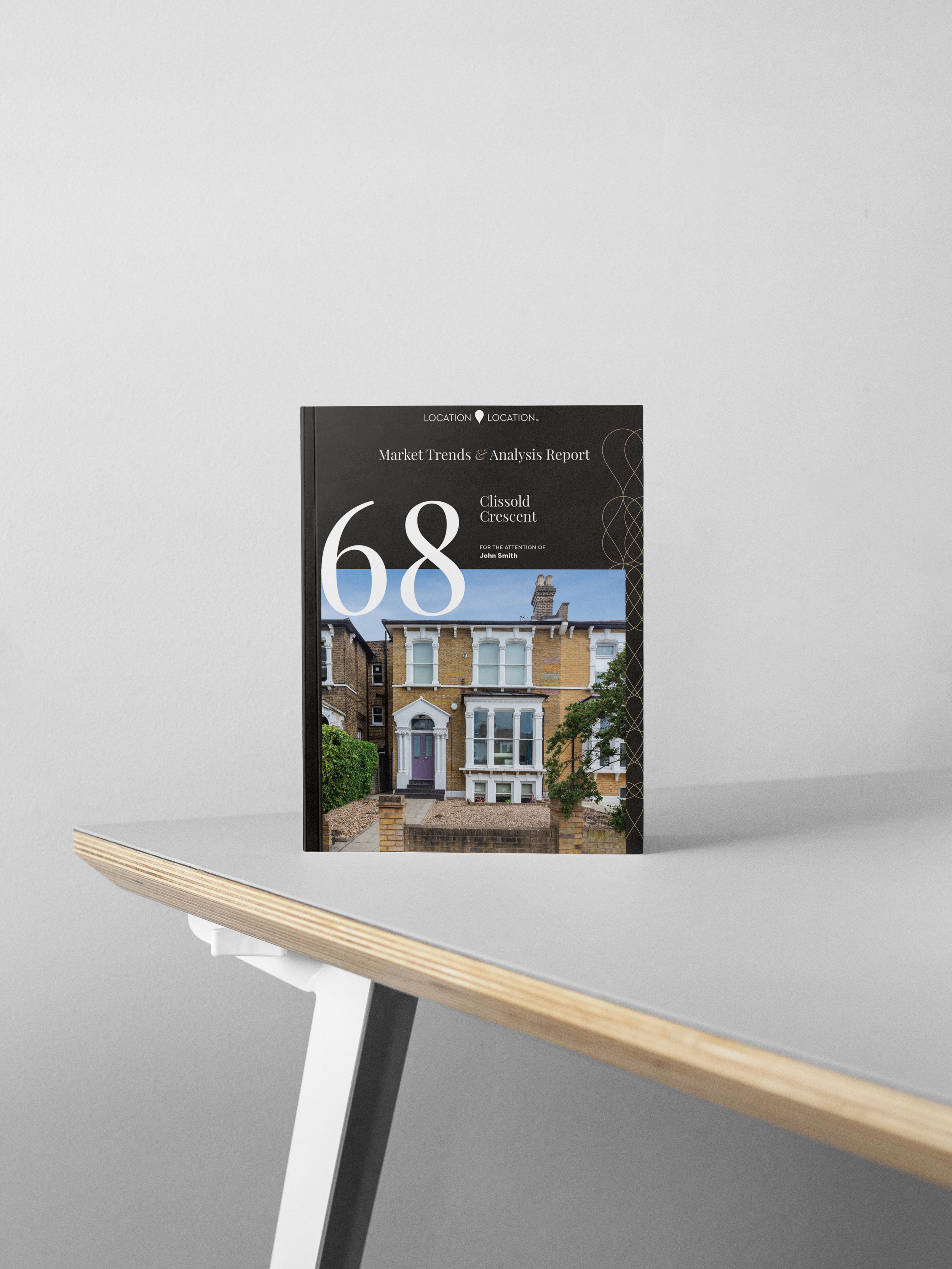 A magazine or report titled 'Market Trends & Analysis Report' with a cover photo of a row of brick houses on Clissold Crescent.