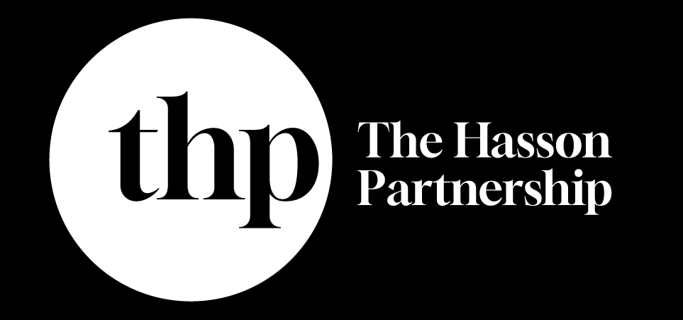 The logo of The Hasson Partnership, with lowercase 'thp' inside a white circle and the company name in white text on a black background.