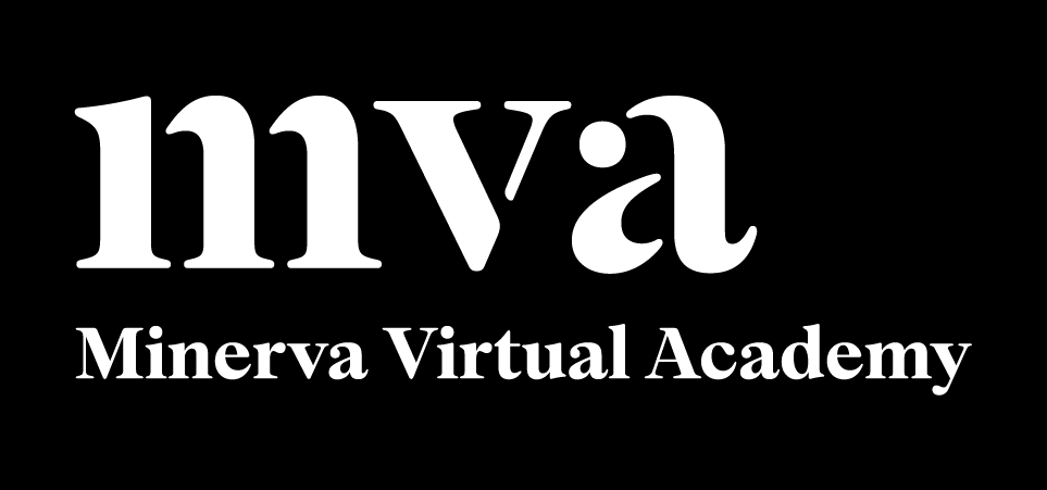 Logo for Minerva Virtual Academy with stylized text and a black background.