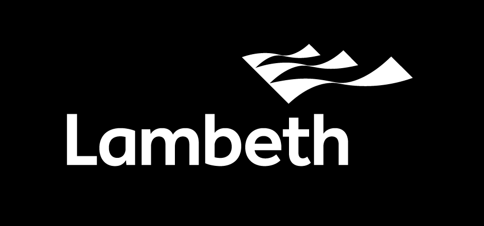 Lambeth logo featuring a stylized representation of waving flags above the word 'Lambeth' in bold white letters on a black background.