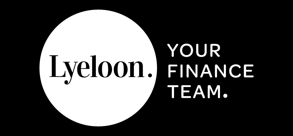 A black and white logo with a large white circle containing the text 'Lyeloon.' and casual text on the right that says 'YOUR FINANCE TEAM.'