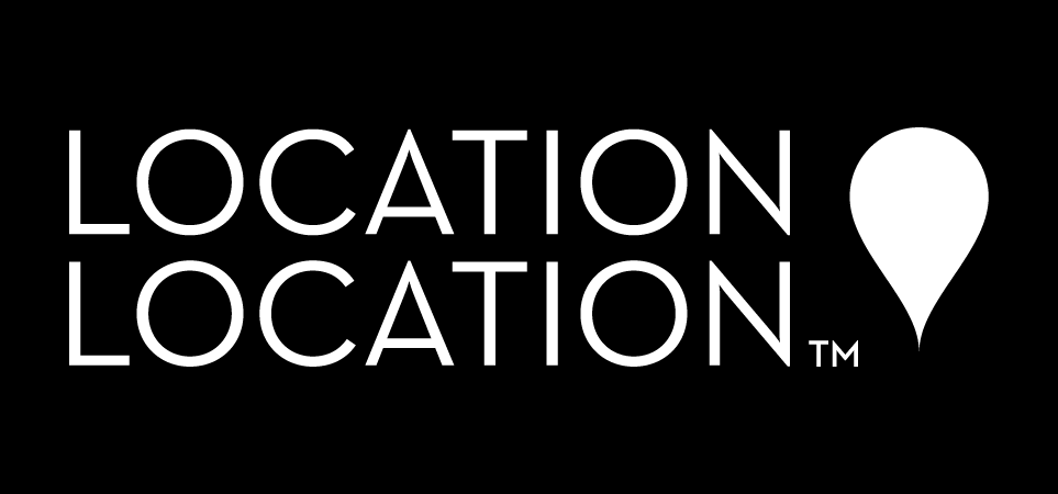 Logo with the words 'Location Location' in white text and a large location pin icon on a black background.