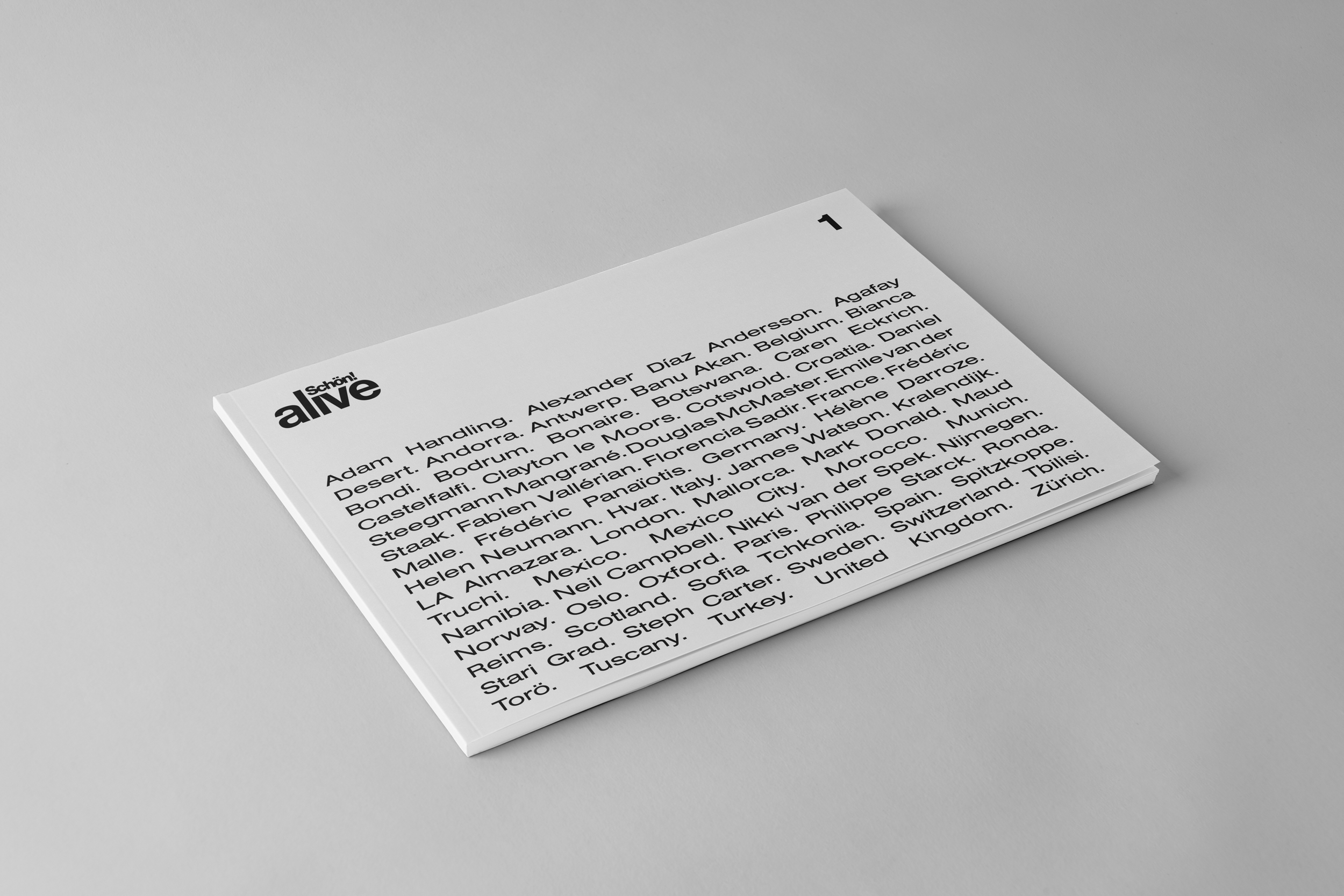 A white booklet or magazine with the title "Schön alive" and a list of names in black text on a light gray surface.