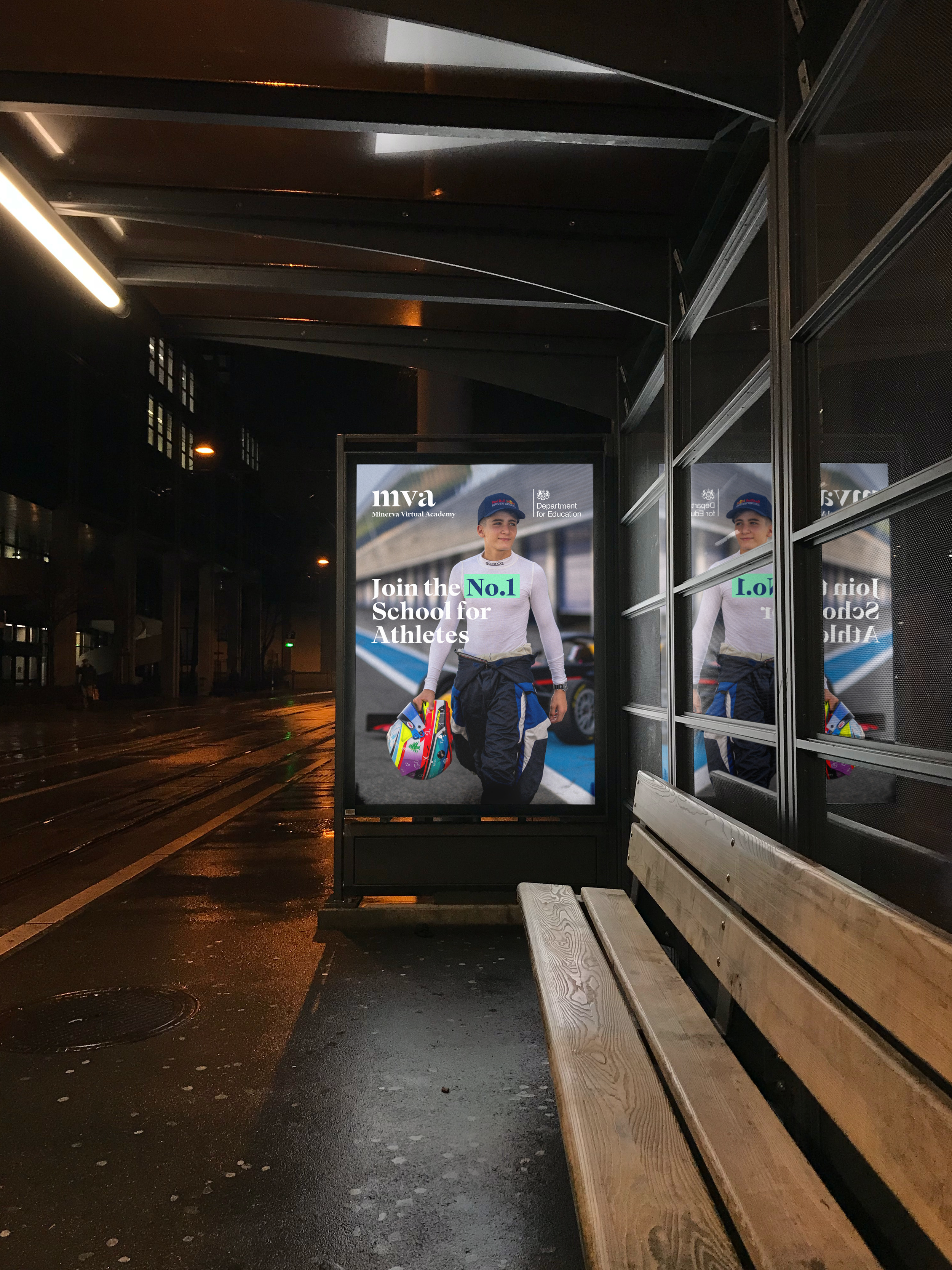 A bus stop advertisement featuring a young female race car driver in racing gear holding a colorful helmet. The ad promotes a school for athletes with the text 'Join the No.1 School for Athletes'.