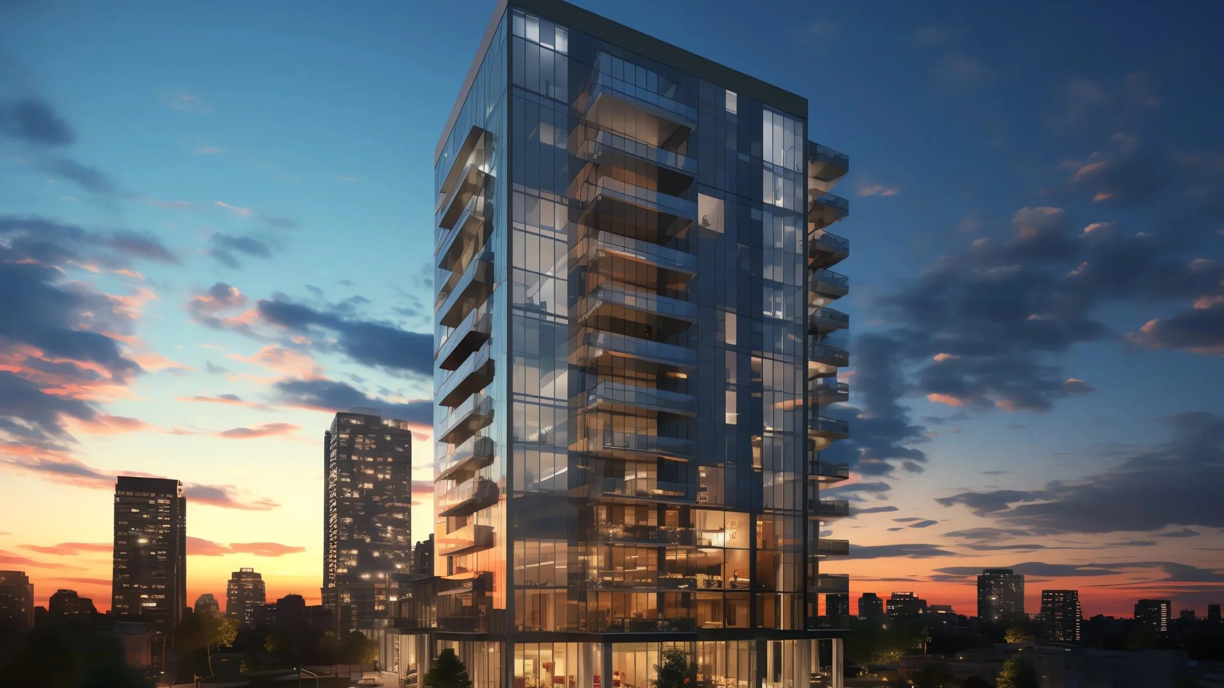 A modern glass skyscraper with balconies, reflecting the sunset sky, in an urban cityscape.