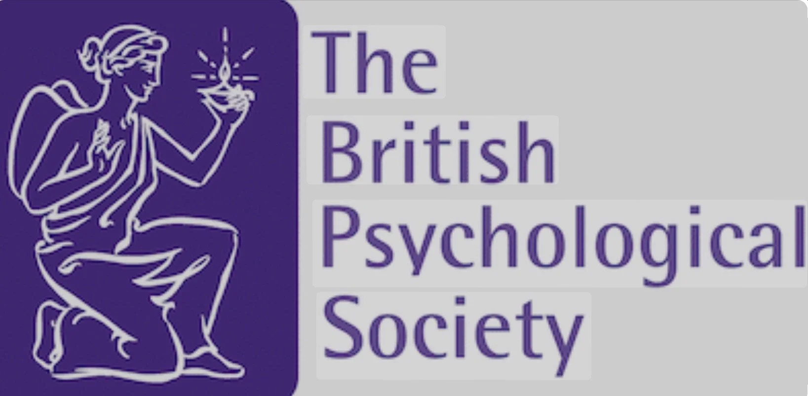 Logo for The British Psychological Society featuring an outline of a kneeling woman holding a flame.