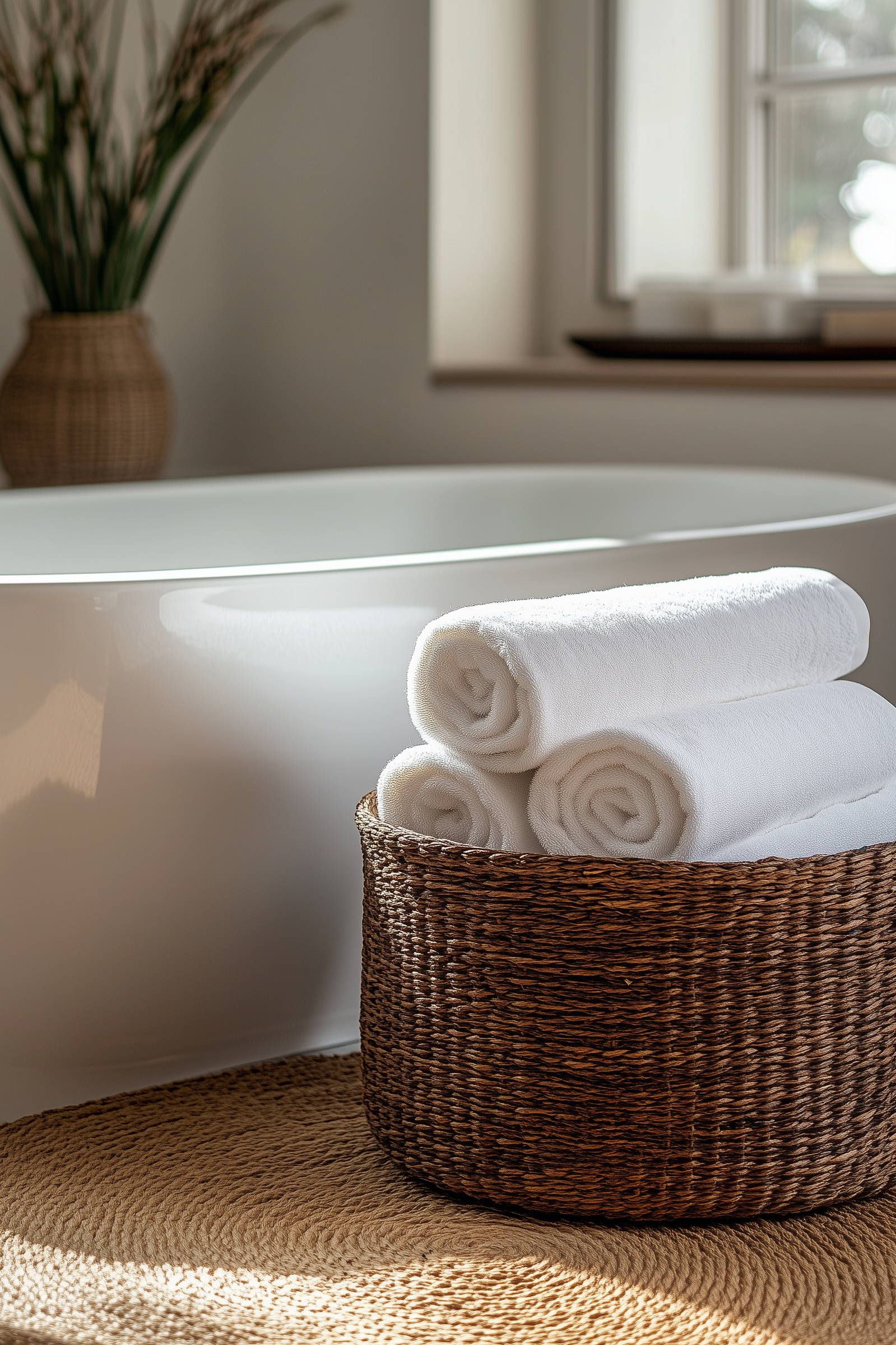 A wicker basket filled with rolled white towels on a woven mat with a bathtub in the background and a vase with green leaves on the side.