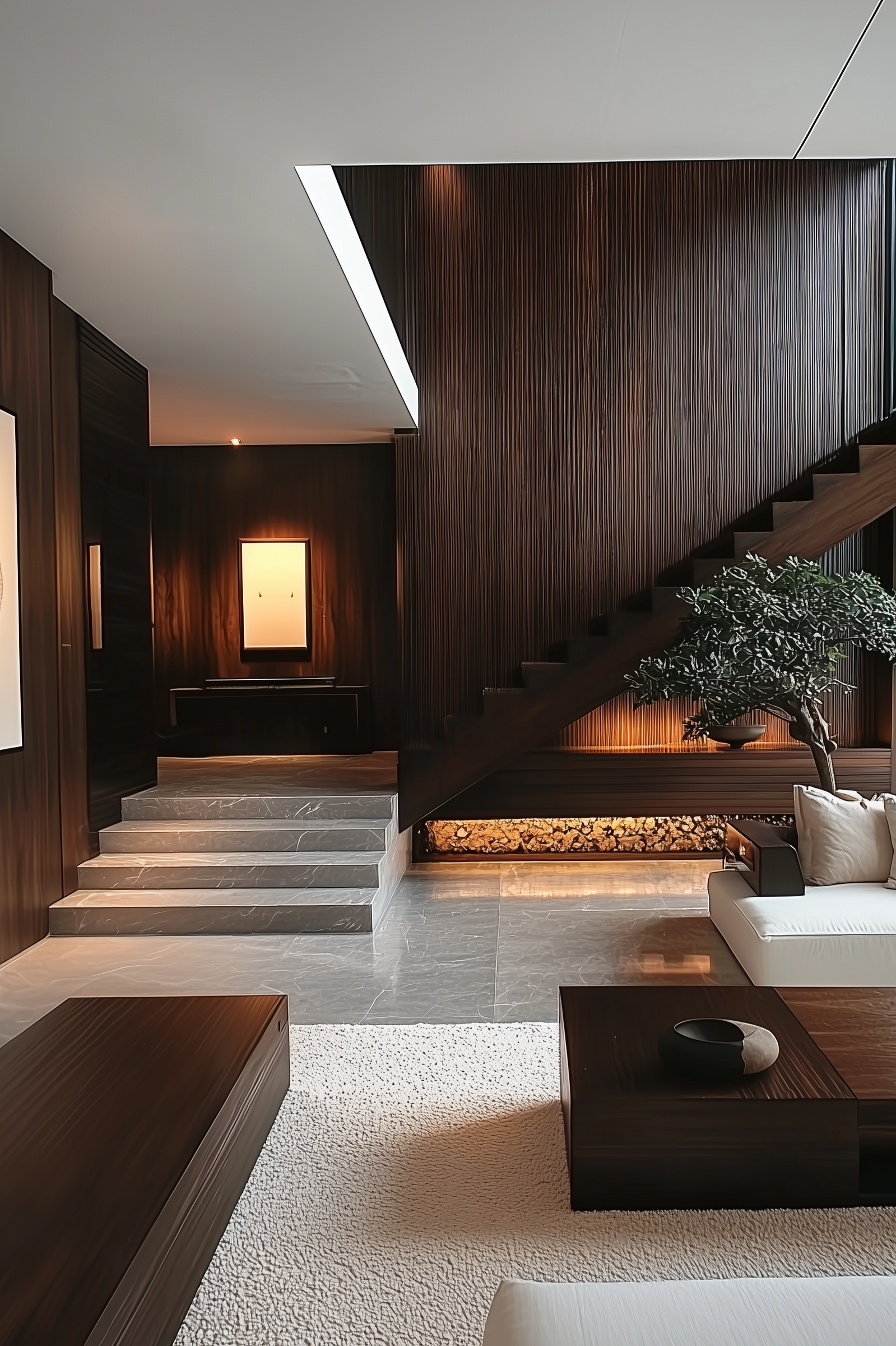 Modern living room with dark wood paneling, staircase, marble steps, a white sofa, and decorative greenery.