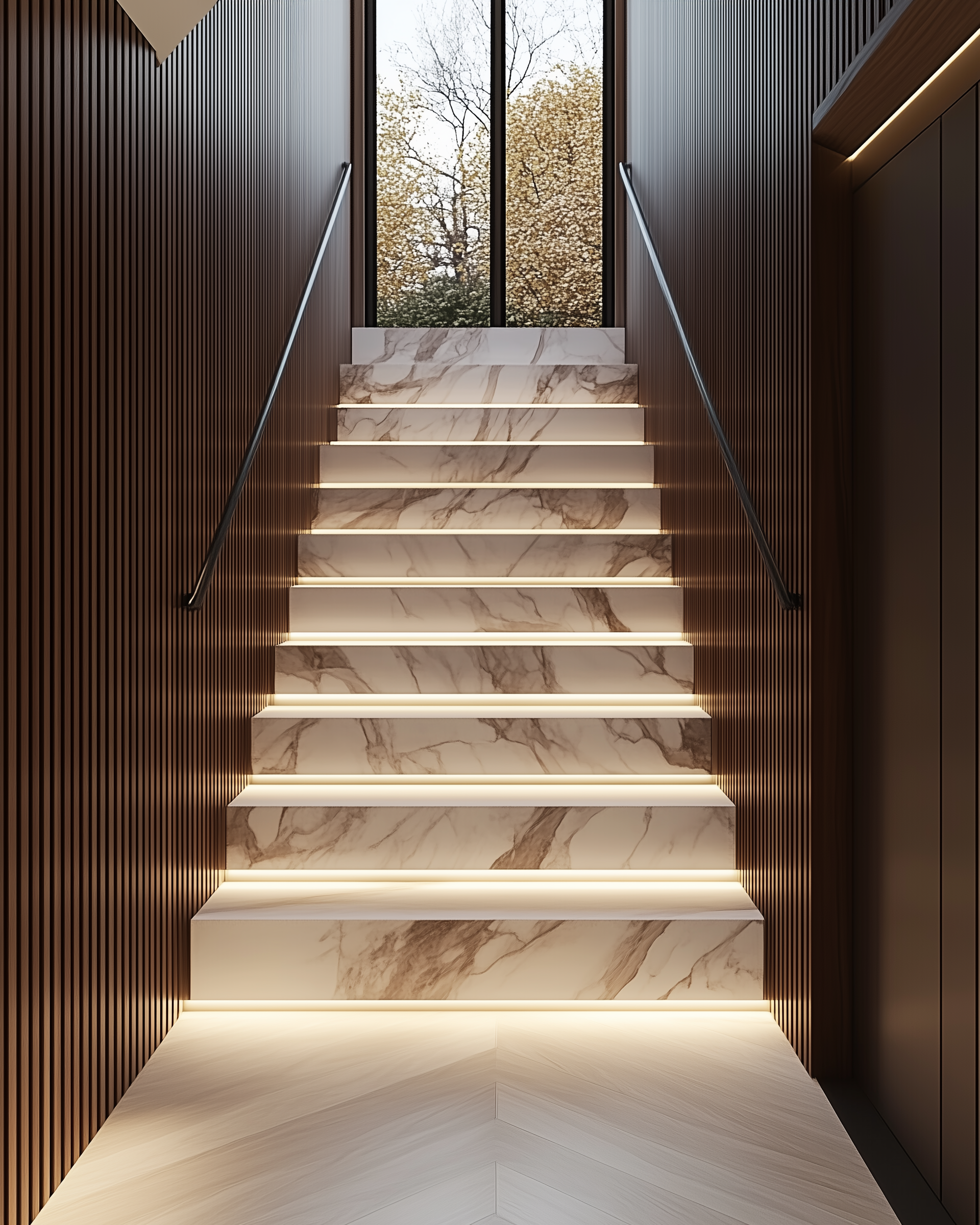 Modern marble staircase with built-in lighting between steps, flanked by wooden paneled walls, leading up to large glass doors with trees outside.