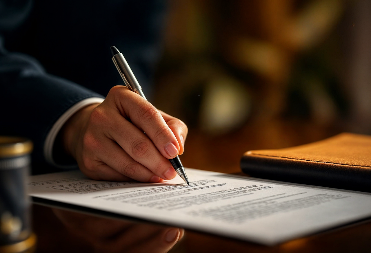 A person in a suit signing a document with a black and silver pen, on a wooden desk, with a leather portfolio nearby.