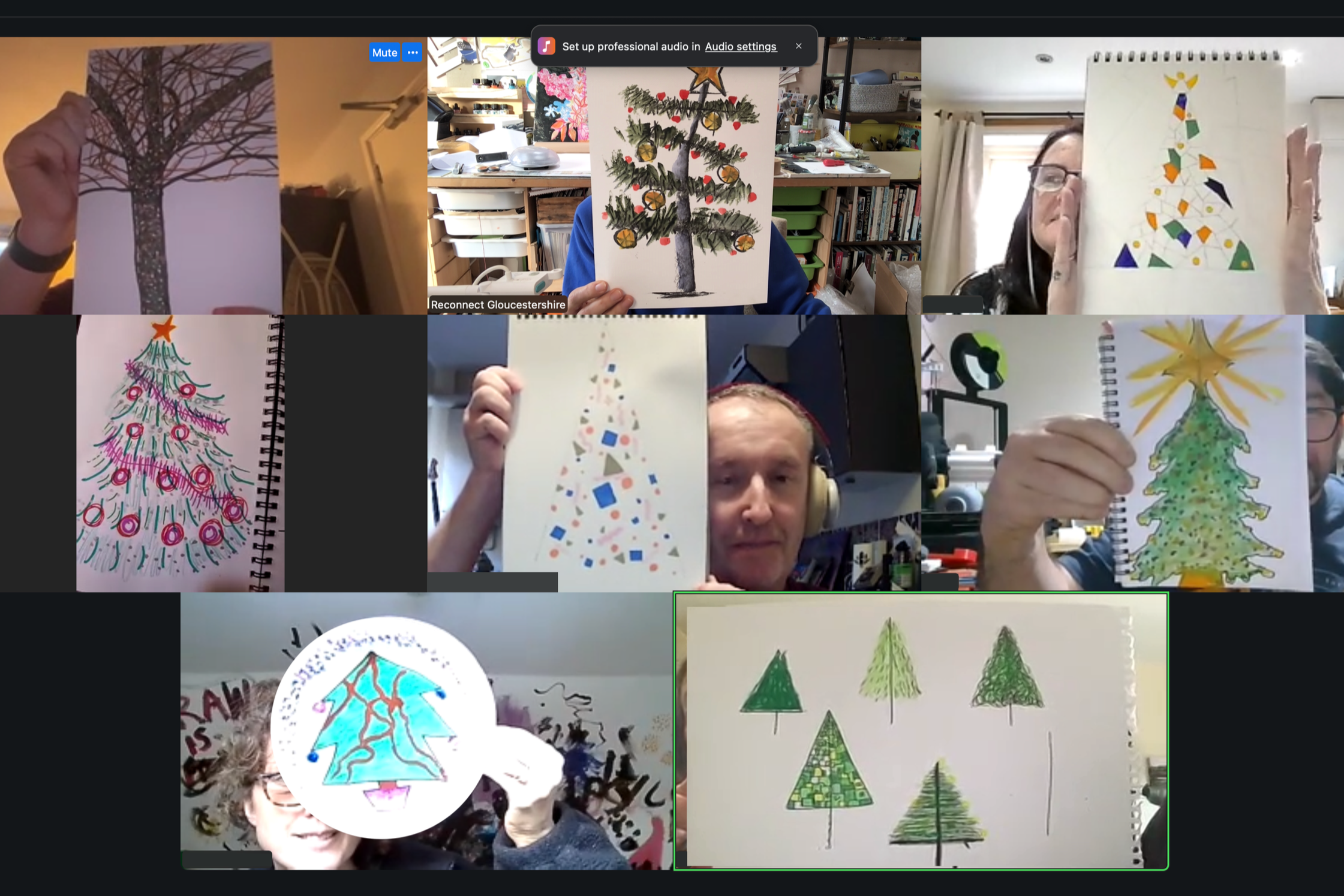 Zoom meeting for Unlock Your Creativity group, showing six participants holding up artwork of Christmas trees