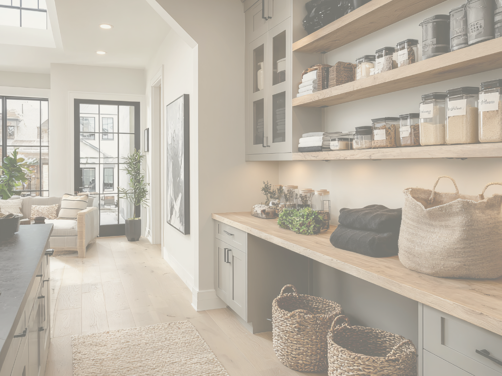 Kitchen with wooden countertops, open shelves holding bowls, glasses, and books, a coffee machine, a bowl of apples, a window above the sink, and utensils hanging on a wall.