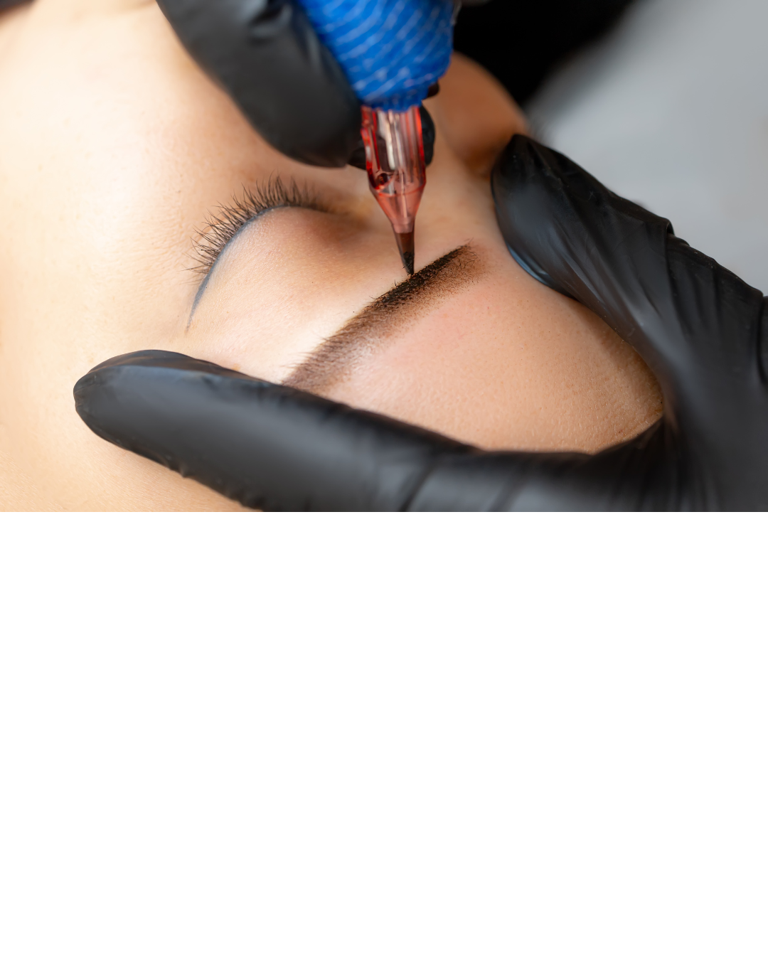 A person receiving a cosmetic eyebrow tattooing procedure, with a technician injecting pigment into the eyebrow area using a tattoo needle, wearing black gloves.