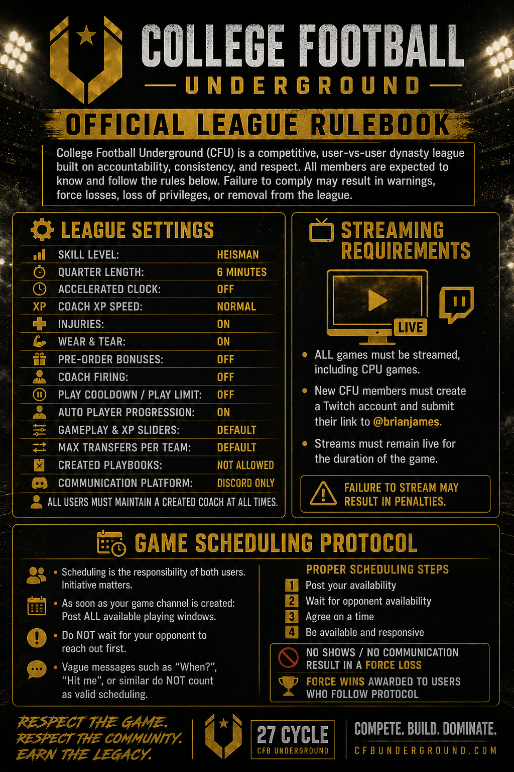 Official league rules poster for College Football Underground with settings, streaming requirements, game scheduling, and motivational slogans.