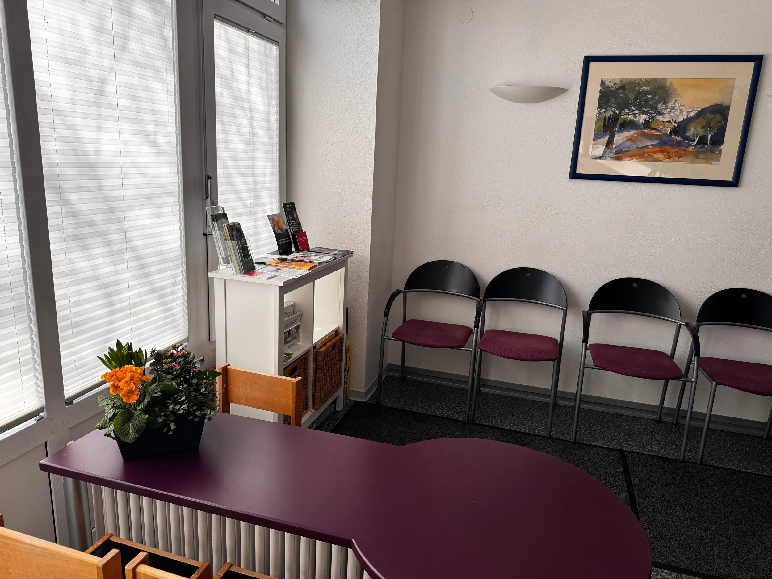 Wartezimmer mit schwarzen Stühlen, weißen Wänden, einem Gemälde, einem weißen Regal mit Broschüren, einem Tisch mit Blumen und Fenster mit verschatteten Jalousien.