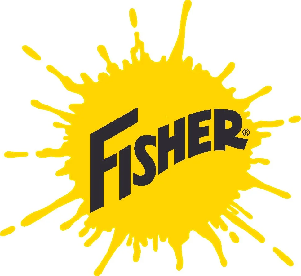 A yellow paint splatter with the word 'FISHER' written in bold black letters across the center.
